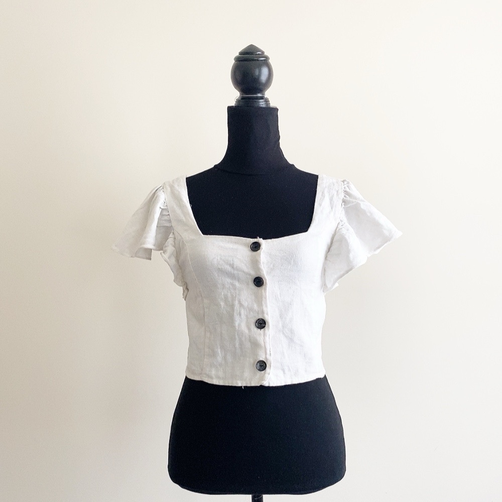 Vintage Zara Flutter Sleeve Blouse – Off White, Size Small, linen cotton - Picture 1 of 4